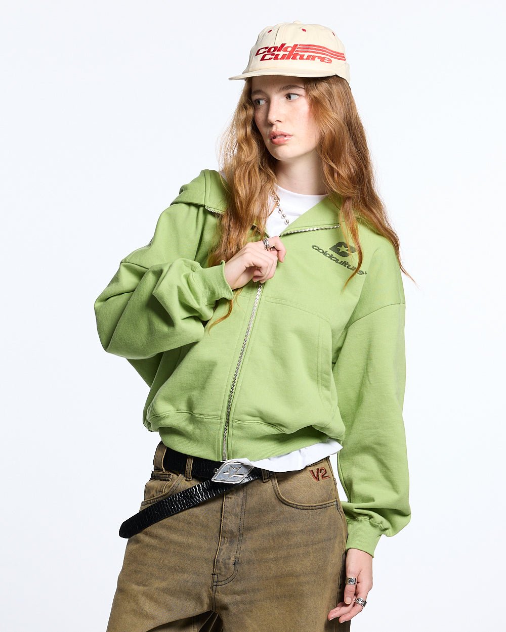 NEW CURVED ZIP HOODIE GREEN - COLD CULTURE #woman