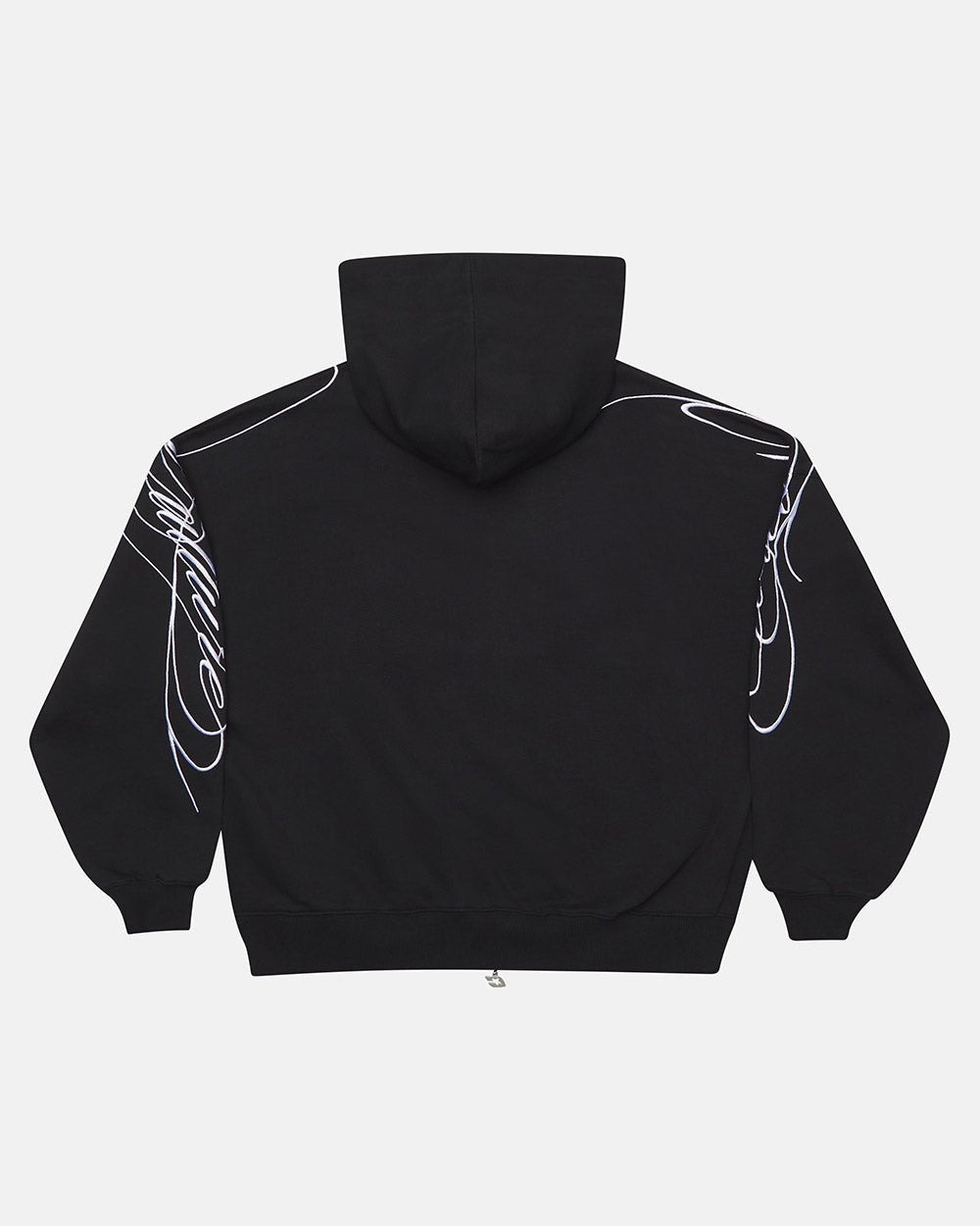 NEW SCRIPT ZIP HOODIE BLACK - black embroidered zip-up hoodie, back view - Cold Culture #packshot