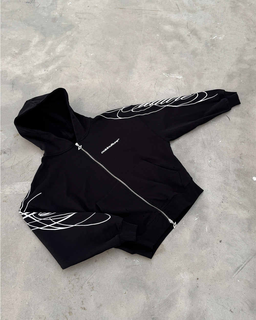NEW SCRIPT ZIP HOODIE BLACK - black embroidered zip-up hoodie, flat lay - Cold Culture