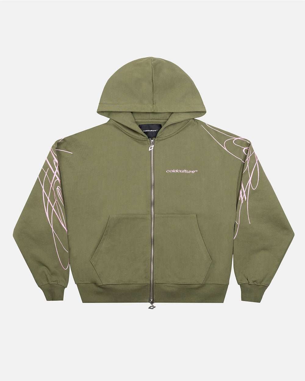 NEW SCRIPT ZIP HOODIE GREEN & PINK - olive green zip-up hoodie, front view - Cold Culture #packshot