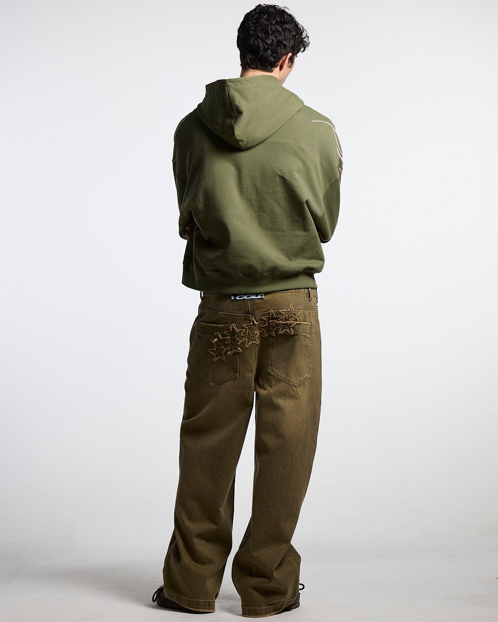 NEW SCRIPT ZIP HOODIE GREEN & PINK - olive green zip-up hoodie, back view on male model - Cold Culture