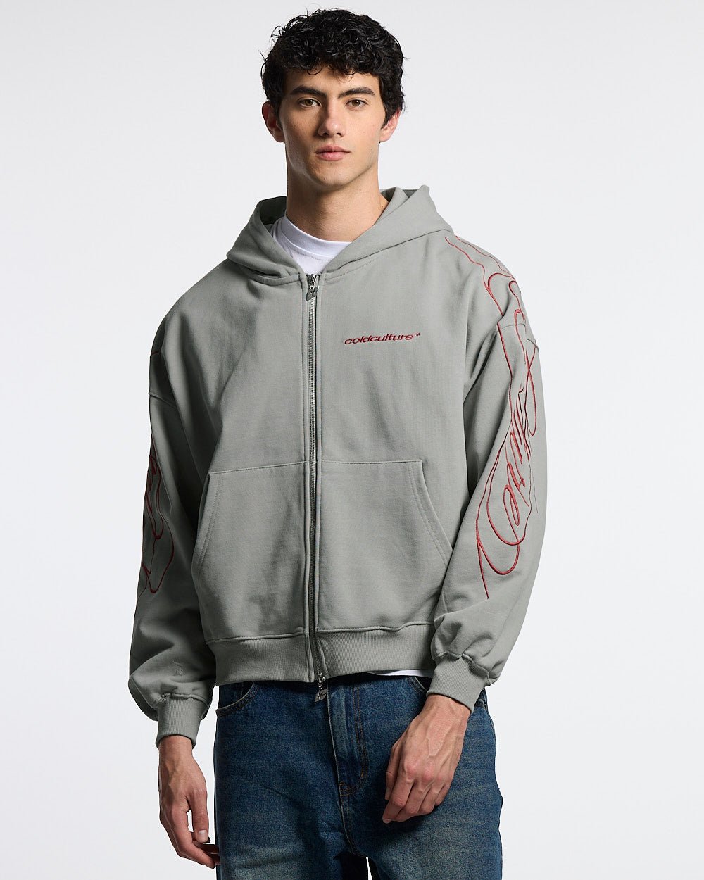 NEW SCRIPT ZIP HOODIE GREY & RED - grey zip-up hoodie, front view on male model - Cold Culture #man