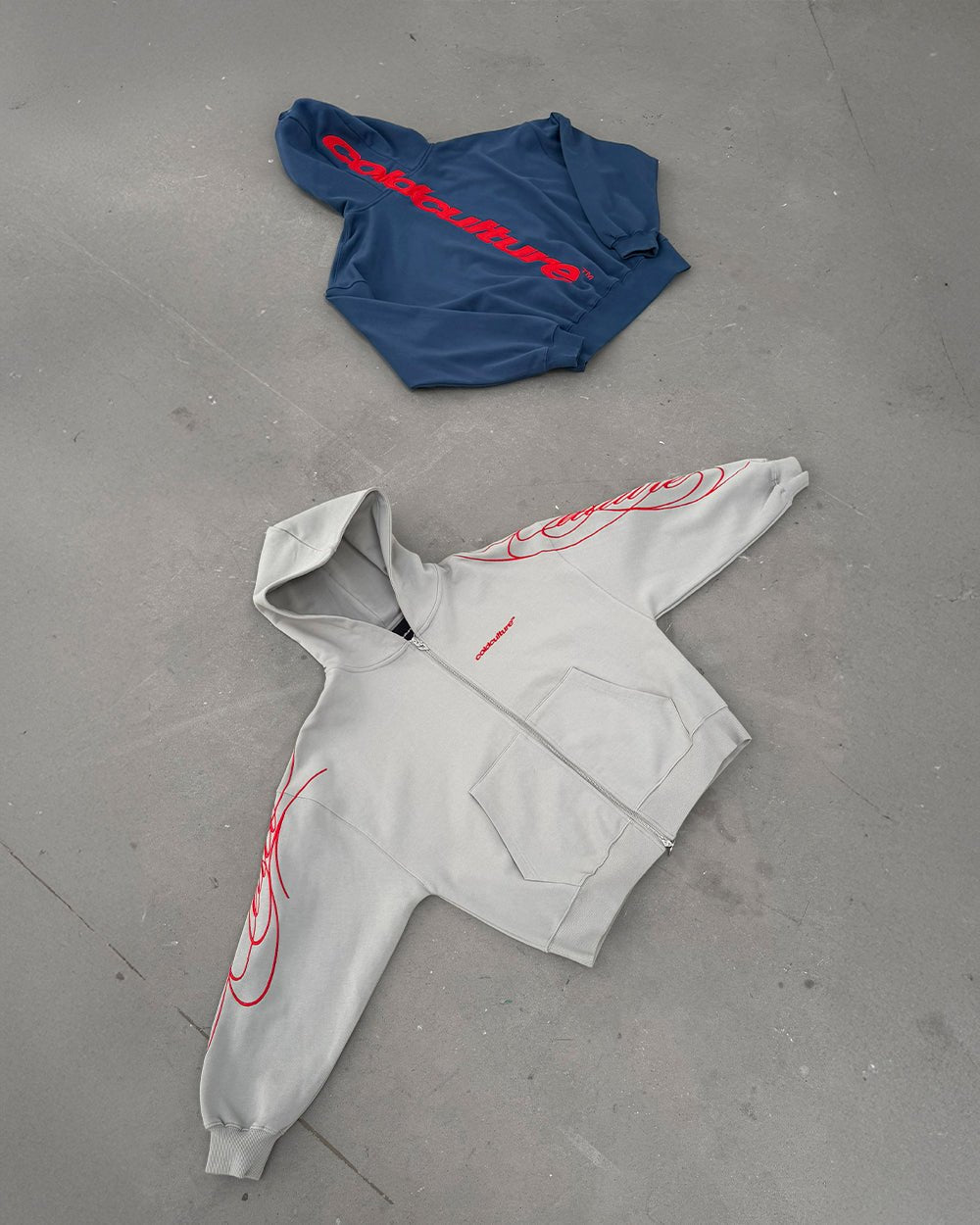 NEW SCRIPT ZIP HOODIE GREY & RED - grey zip-up hoodie, flat lay with matching pieces - Cold Culture