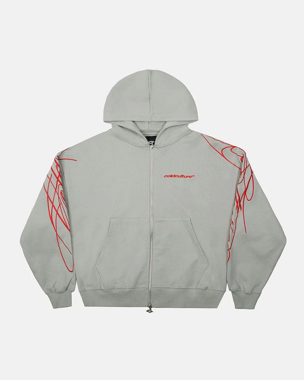 NEW SCRIPT ZIP HOODIE GREY & RED - grey zip-up hoodie, front view - Cold Culture #packshot