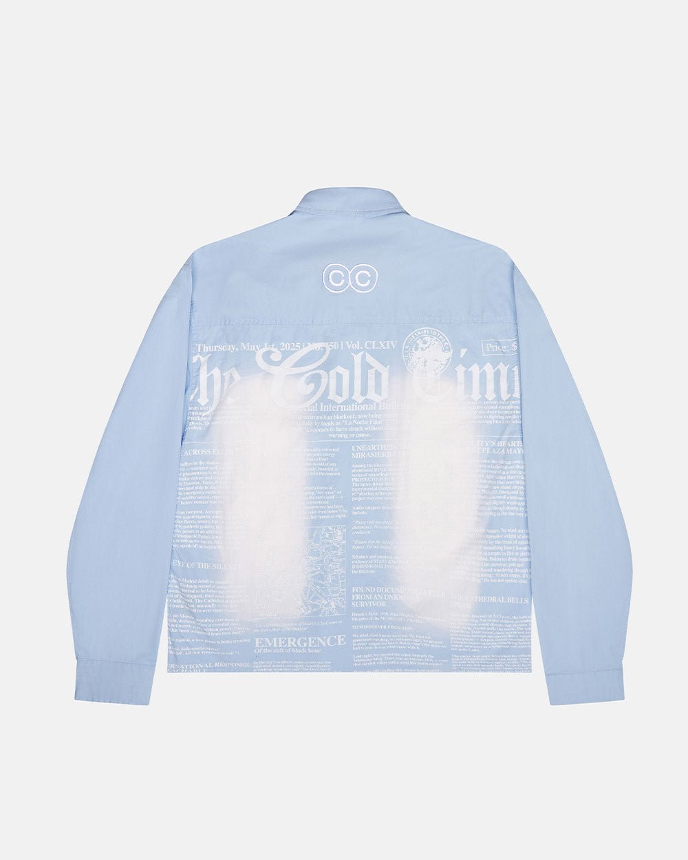 NEWSPAPER LONGSLEEVE SHIRT BABY BLUE - baby blue newspaper print shirt, back view - Cold Culture #packshot