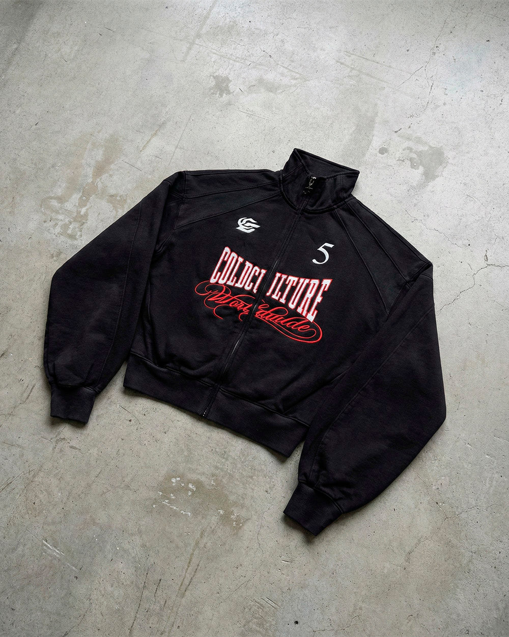 NIA SET ZIP UP BLACK - black graphic print zip-up hoodie, flat lay - Cold Culture