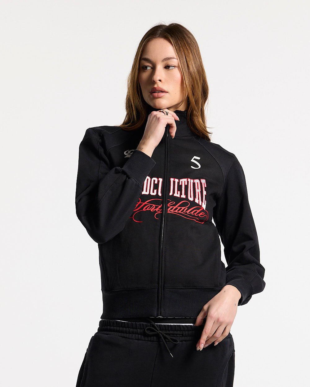 NIA SET ZIP UP BLACK - black graphic print zip-up hoodie, front view on female model - Cold Culture #woman
