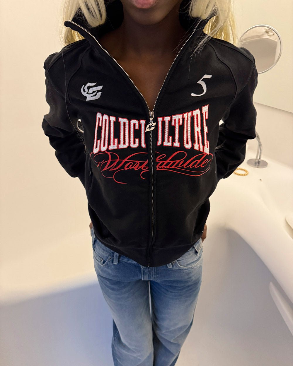 NIA SET ZIP UP BLACK - black graphic print zip-up hoodie, on model close-up - Cold Culture