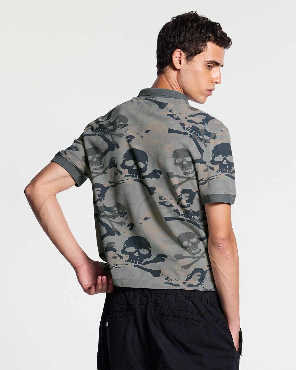 NIGHTSKULL POLO GREY - grey skull print polo shirt, back view on male model - Cold Culture #man