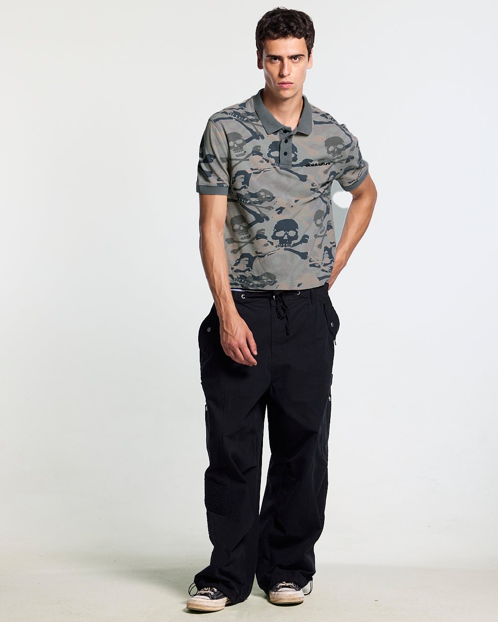 NIGHTSKULL POLO GREY - grey skull print polo shirt, front view on male model - Cold Culture #man
