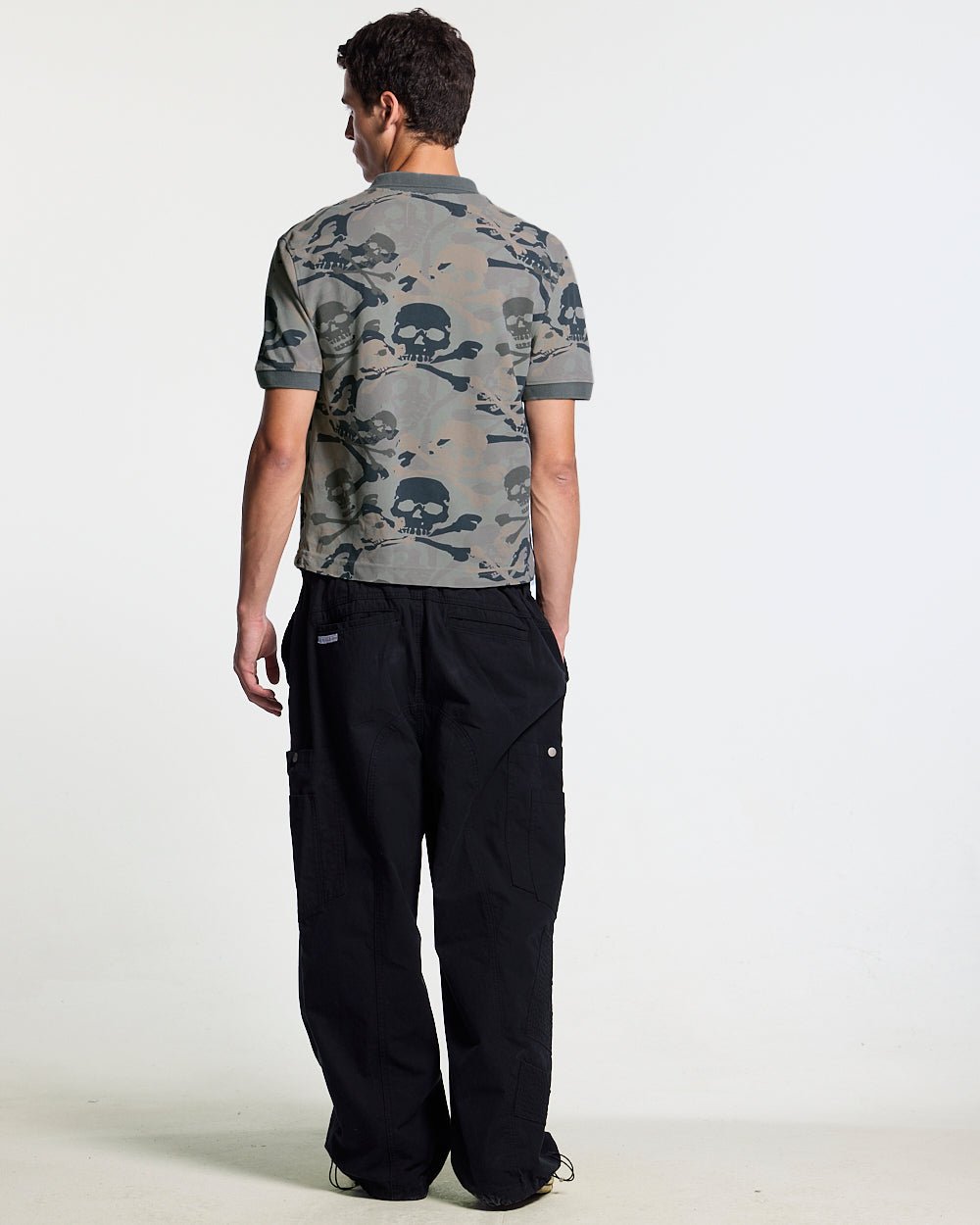 NIGHTSKULL POLO GREY - grey skull print polo shirt, back view on male model - Cold Culture #man