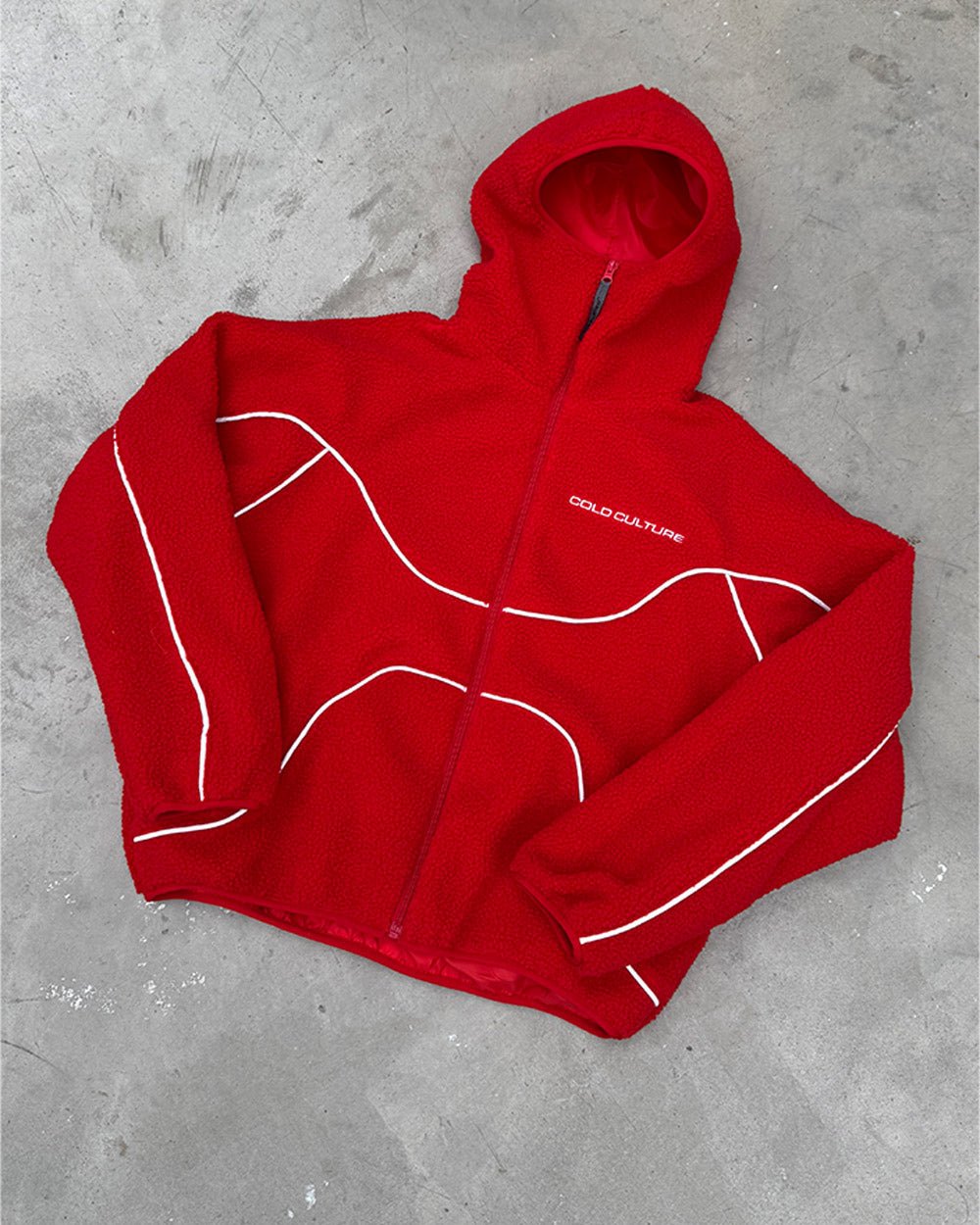 NO RISK FLEECE JACKET VIVID RED - red hooded fleece jacket, flat lay - Cold Culture
