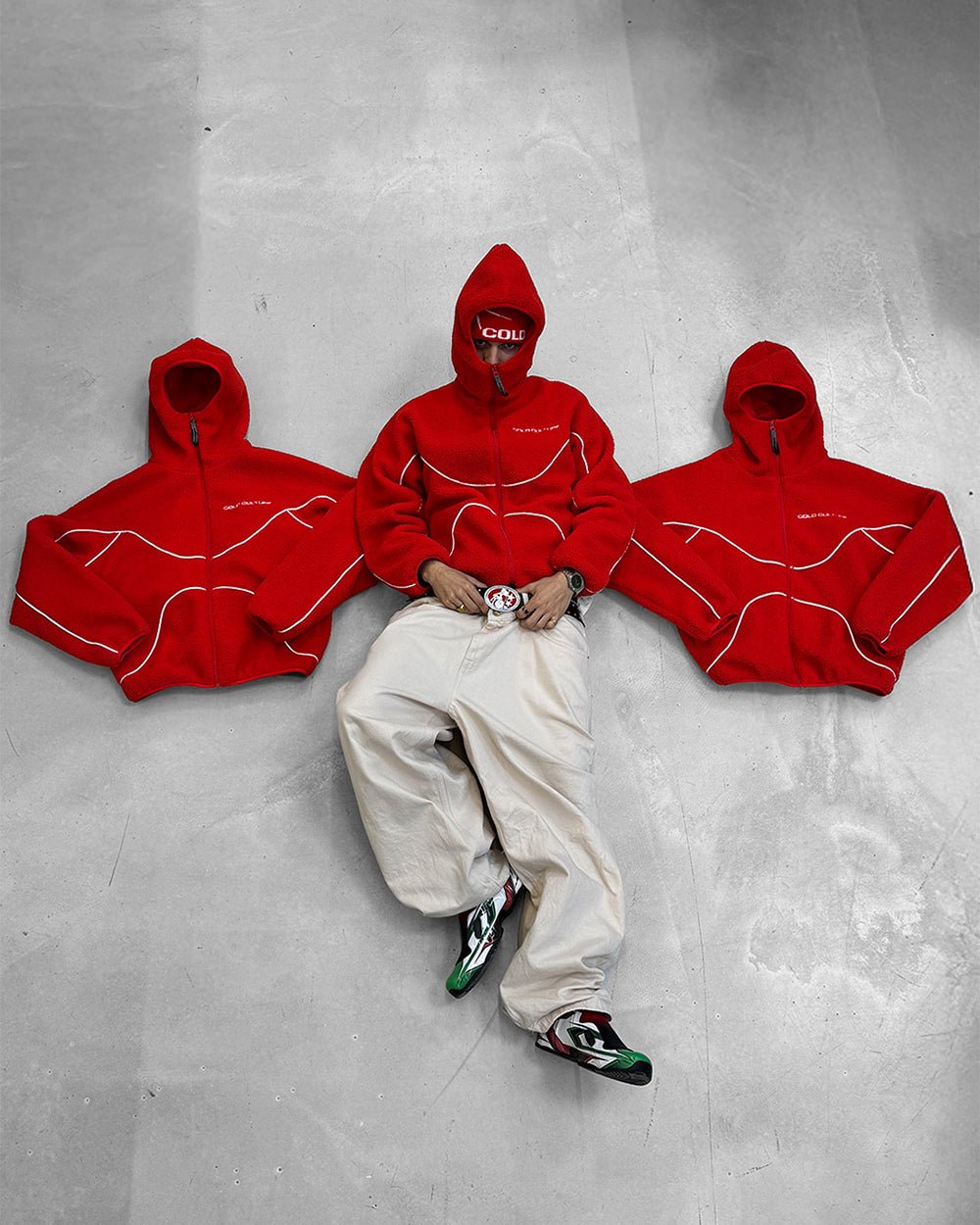 NO RISK FLEECE JACKET VIVID RED - red hooded fleece jacket, flat lay with matching pieces - Cold Culture