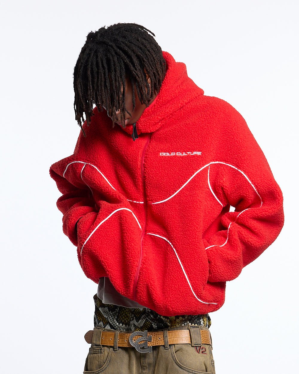 NO RISK FLEECE JACKET VIVID RED - red hooded fleece jacket, front view on male model - Cold Culture #man