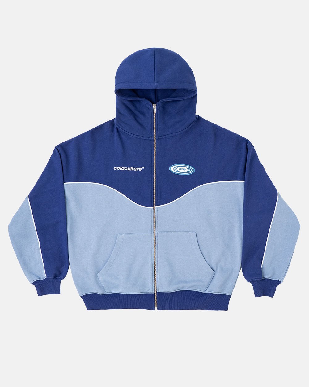 NO RISK ZIP HOODIE BLUE SCALE - two-tone blue zip-up hoodie, front view - Cold Culture #packshot