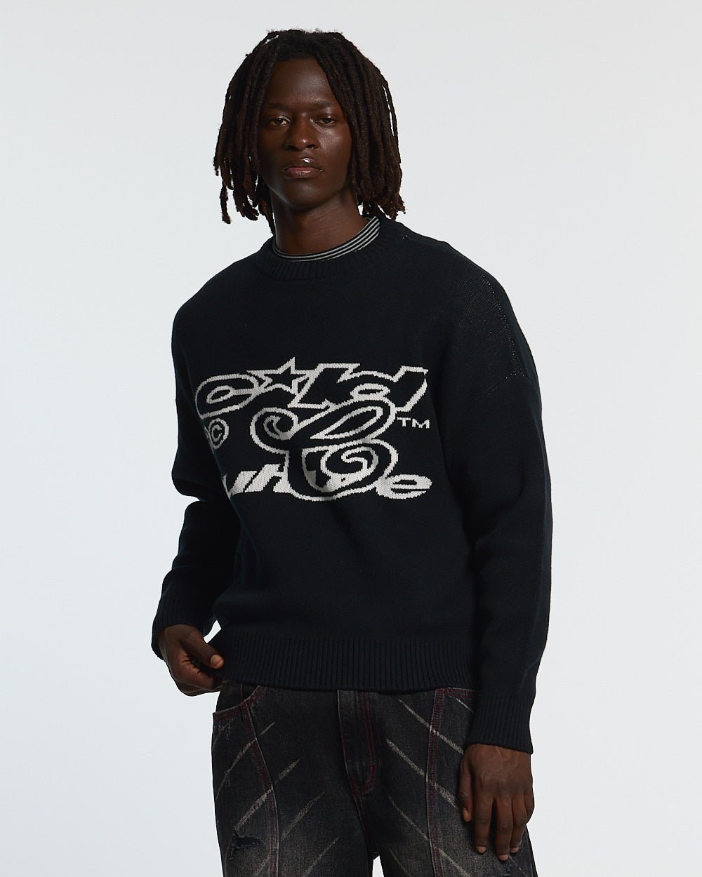 NO RULES KNIT BLACK - black graphic knit sweater, front view on male model - Cold Culture #man