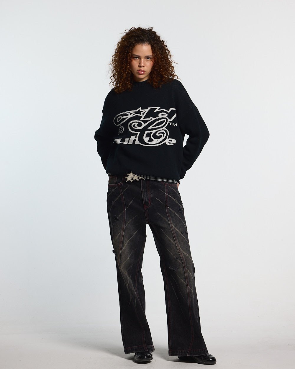 NO RULES KNIT BLACK - black graphic knit sweater, front view on female model - Cold Culture #woman