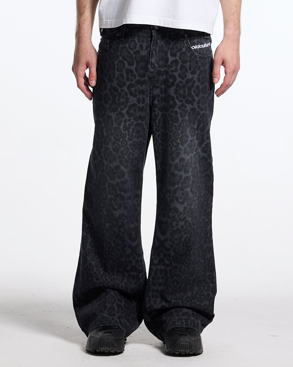 NOCTURNE BEAST V3 PANTS DARK GREY - dark grey leopard print pants, front view on male model - Cold Culture