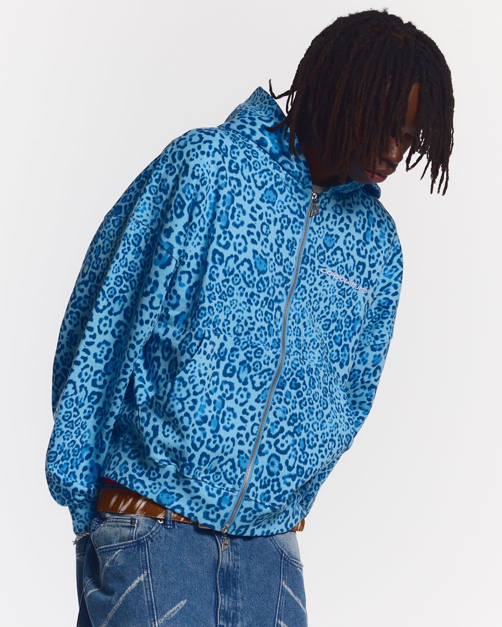 NOCTURNE BEAST ZIP HOODIE BLUE - blue leopard print zip-up hoodie, front view on male model - Cold Culture