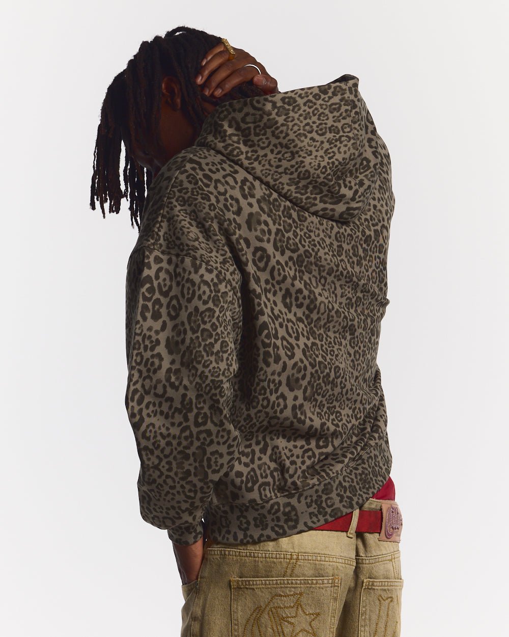 NOCTURNE BEAST ZIP HOODIE BROWN - brown leopard print zip-up hoodie, back view on male model - Cold Culture