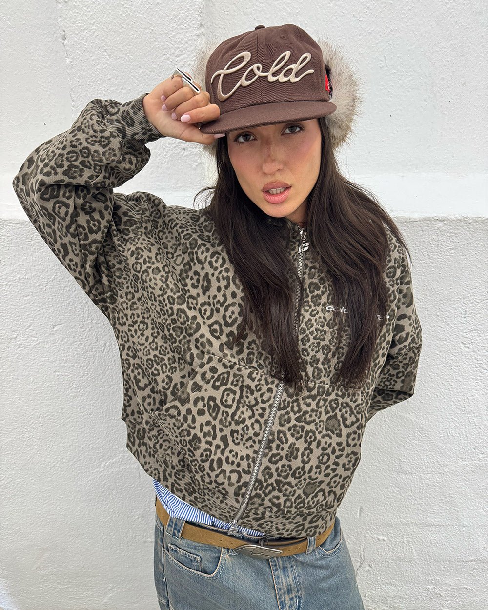 NOCTURNE BEAST ZIP HOODIE BROWN - brown leopard print zip-up hoodie, street style shot - Cold Culture #woman