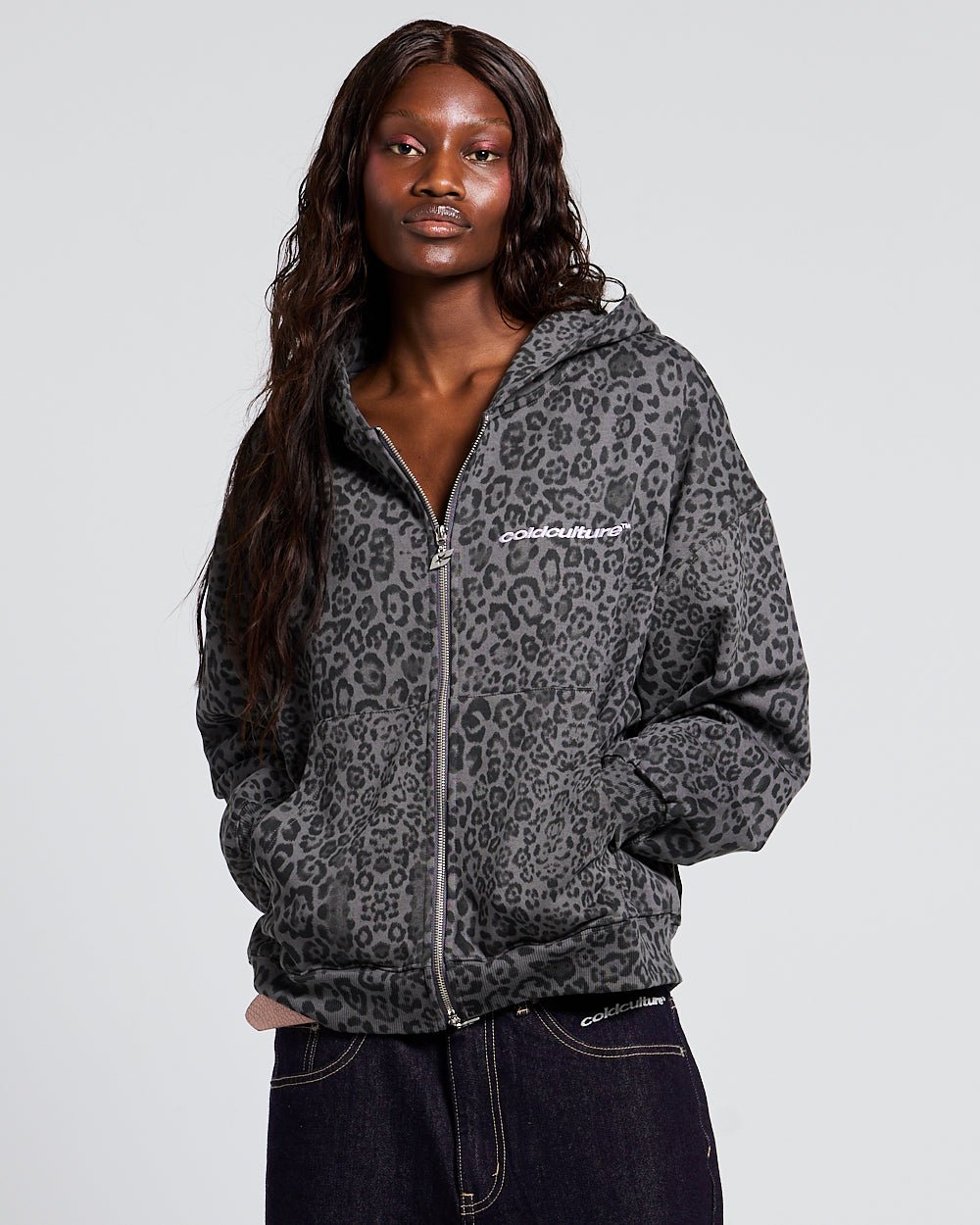 NOCTURNE BEAST ZIP HOODIE DARK GREY - dark grey leopard print zip-up hoodie, front view on female model - Cold Culture #woman
