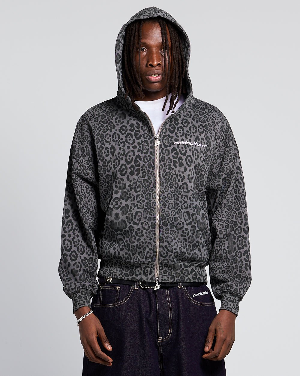 NOCTURNE BEAST ZIP HOODIE DARK GREY - dark grey leopard print zip-up hoodie, front view on male model - Cold Culture #man