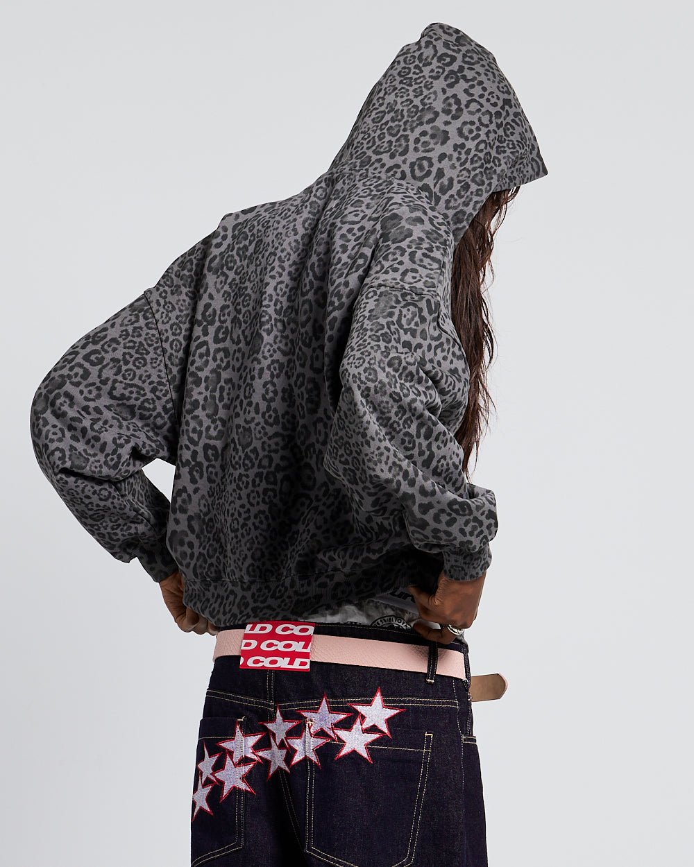 NOCTURNE BEAST ZIP HOODIE DARK GREY - dark grey leopard print zip-up hoodie, back view on female model - Cold Culture #woman
