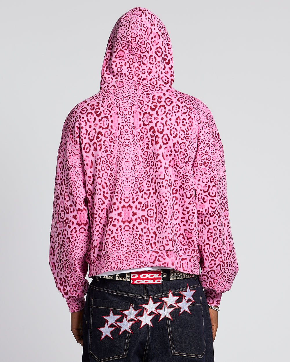 NOCTURNE BEAST ZIP HOODIE PINK - pink leopard print zip-up hoodie, back view on male model - Cold Culture
