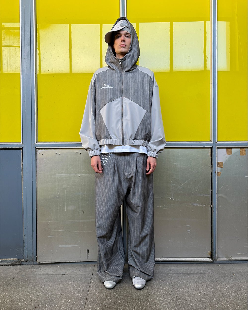 NOT FORMAL SET JACKET GREY - grey pinstripe track jacket, street style shot - Cold Culture