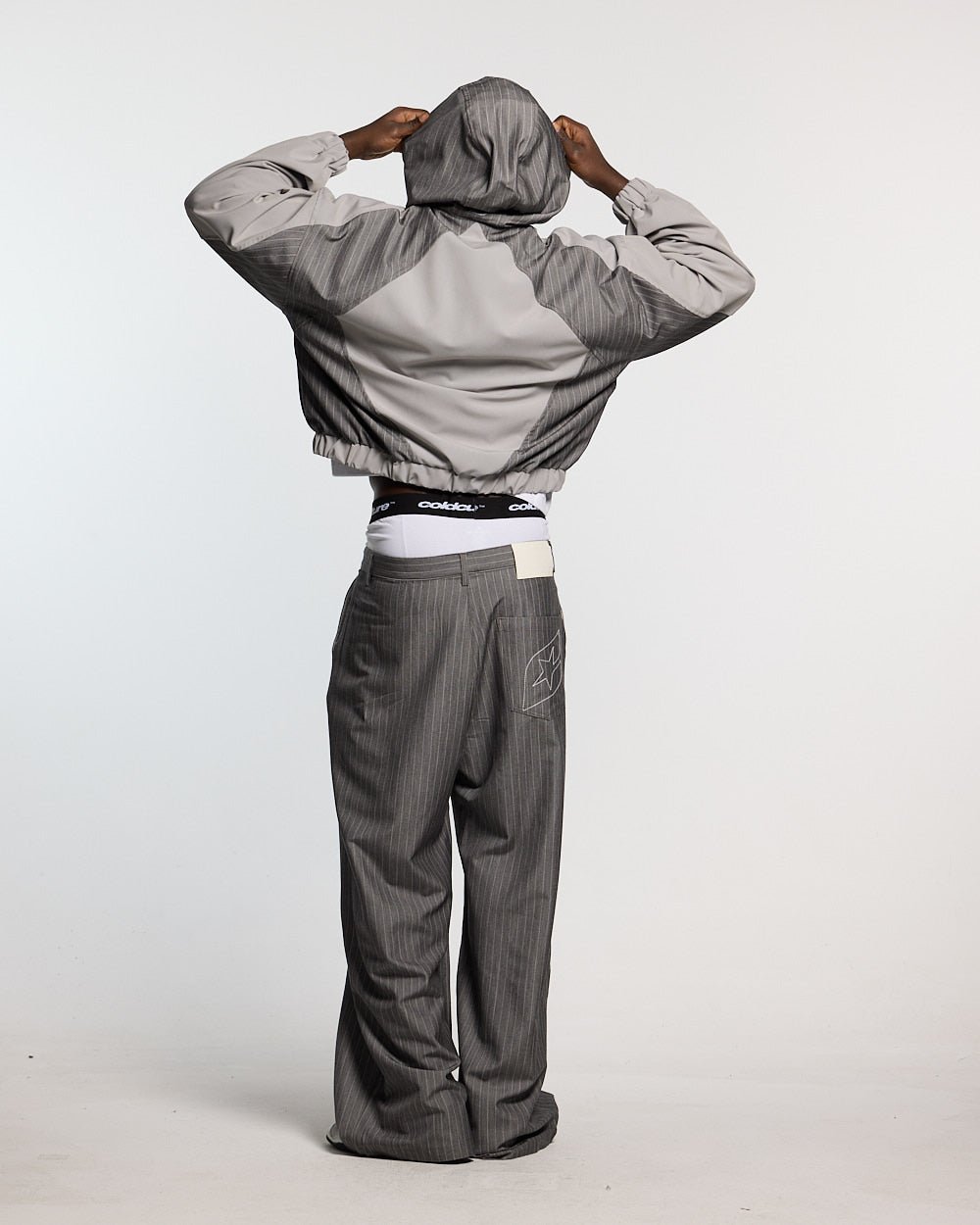 NOT FORMAL SET JACKET GREY - grey pinstripe track jacket, back view on male model - Cold Culture