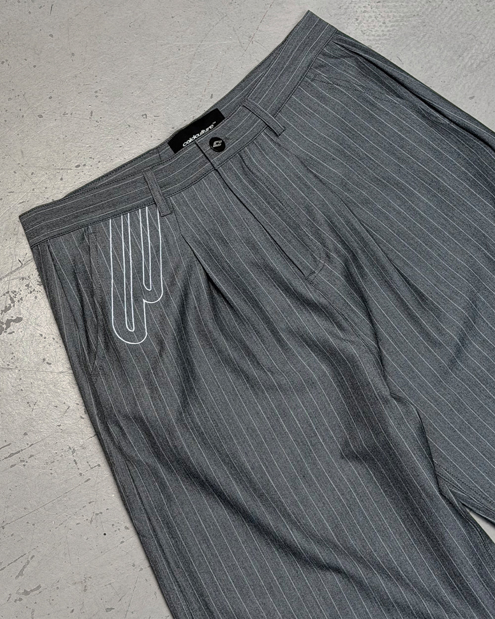 NOT FORMAL SET PANTS GREY - grey pinstripe pants, detail close-up - Cold Culture