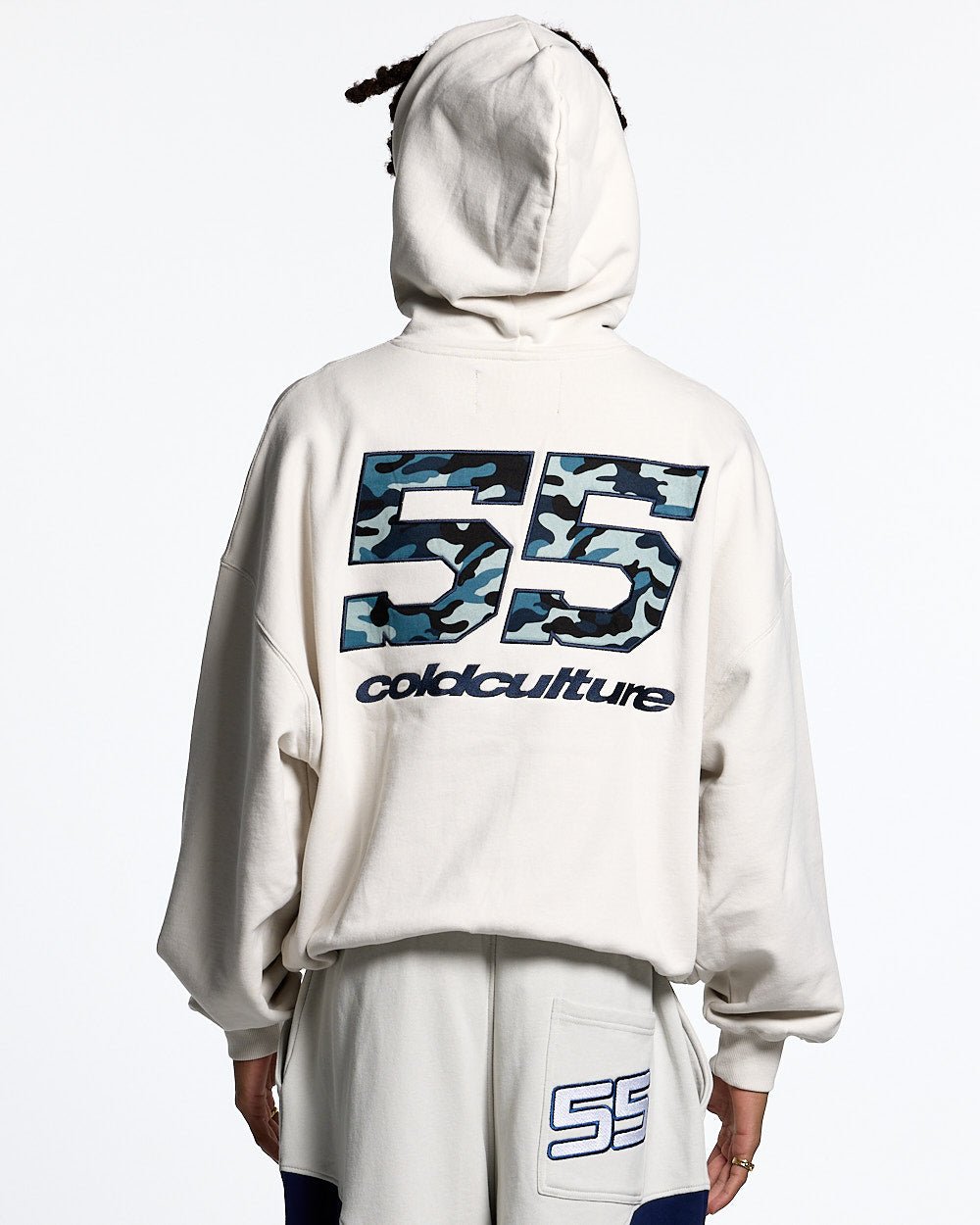 NOVA BEAR HOODIE GREYISH WHITE - off white graphic print hoodie, back view on male model - Cold Culture