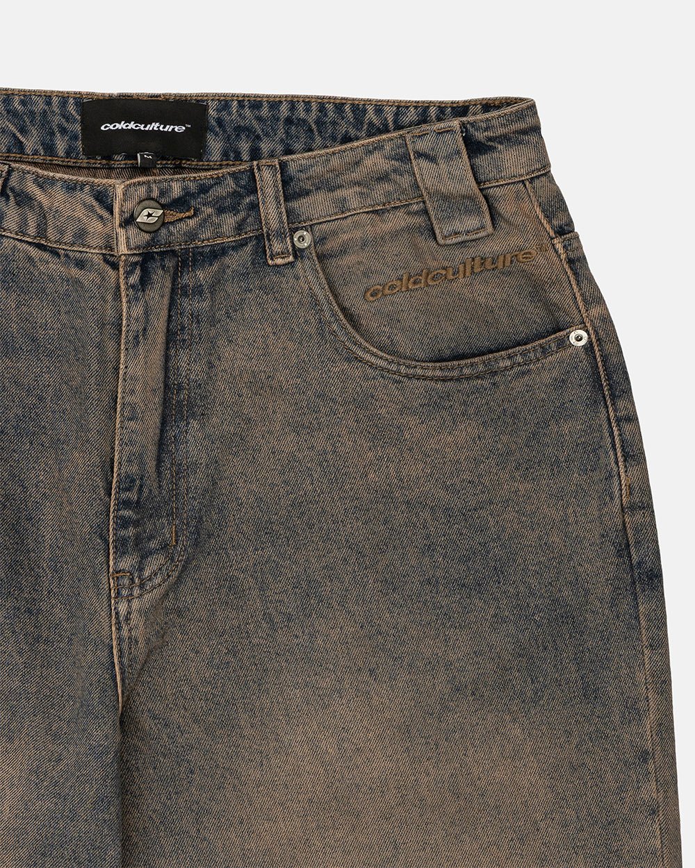 NUMBER 5 V3 DENIM PANTS DARK BLUE - dark blue washed denim pants, detail close-up - Cold Culture