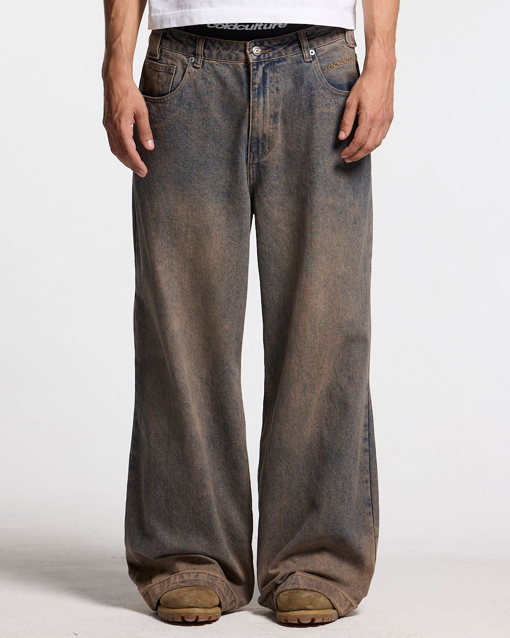 NUMBER 5 V3 DENIM PANTS DARK BLUE - dark blue washed denim pants, front view on male model - Cold Culture
