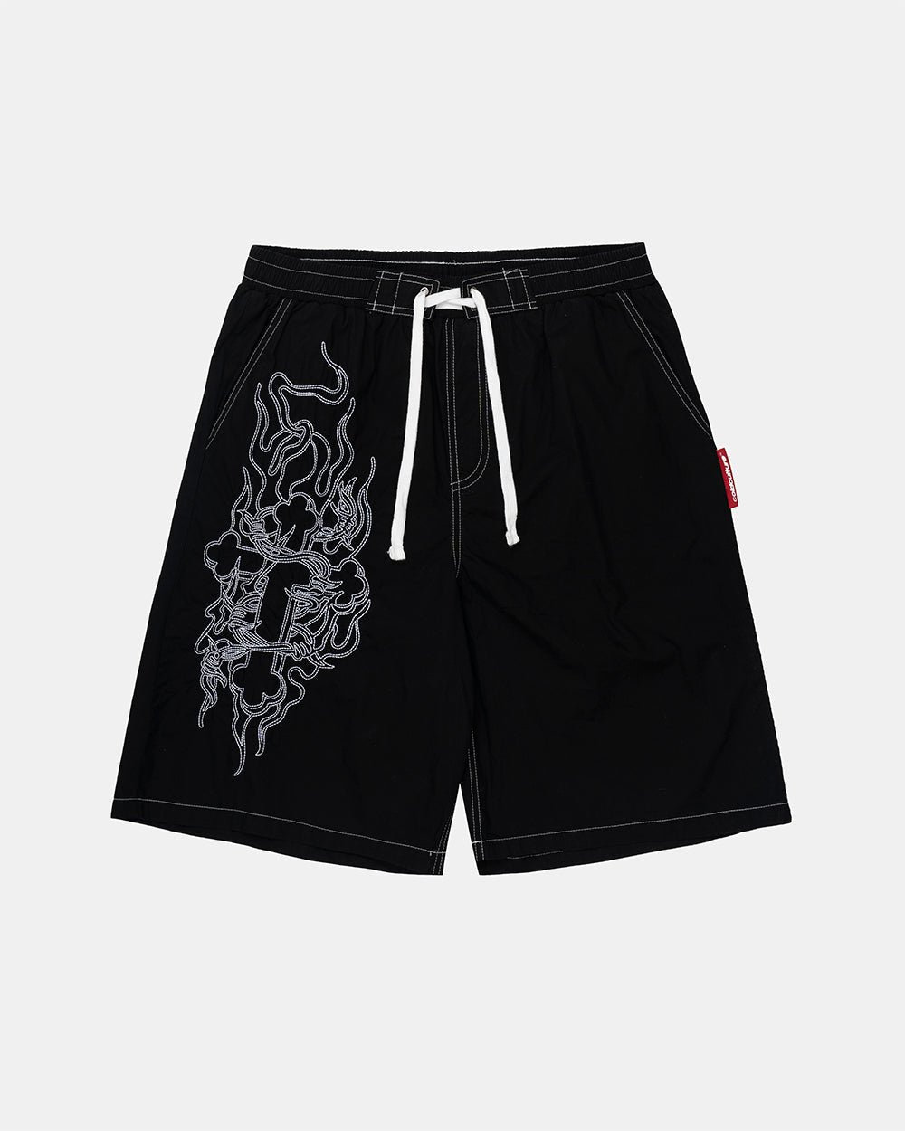 OBSIDIAN SWIMSHORTS BLACK - black embroidered swim shorts, front view - Cold Culture #packshot