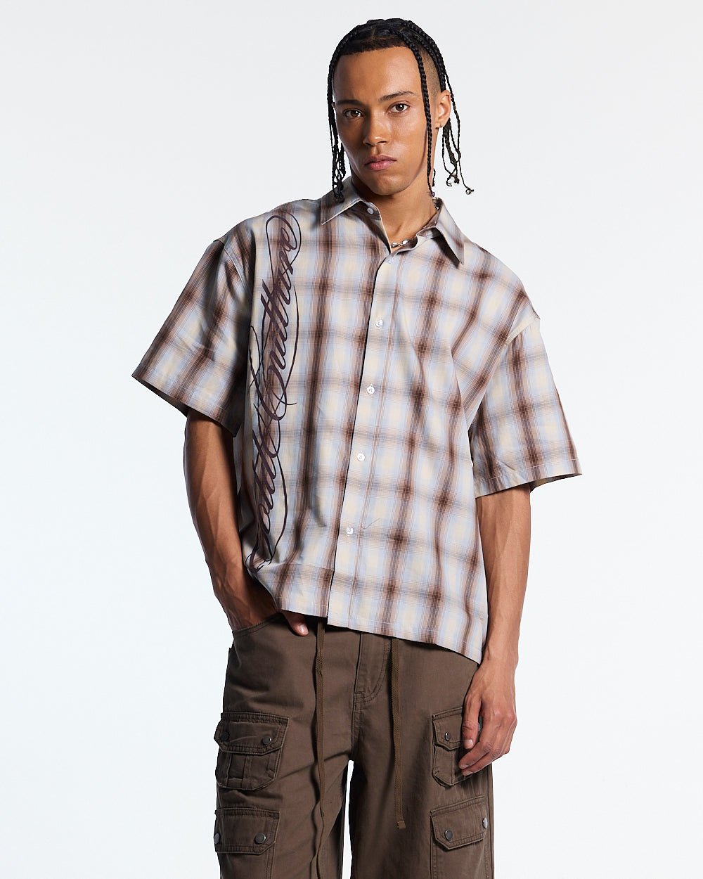 OFFICE SCRIPT SHIRT BEIGE - beige plaid short sleeve shirt, front view on male model - Cold Culture #man