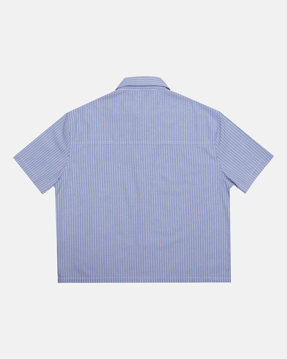 OFFICE SCRIPT SHIRT BLUE - blue striped short sleeve shirt, back view - Cold Culture #packshot