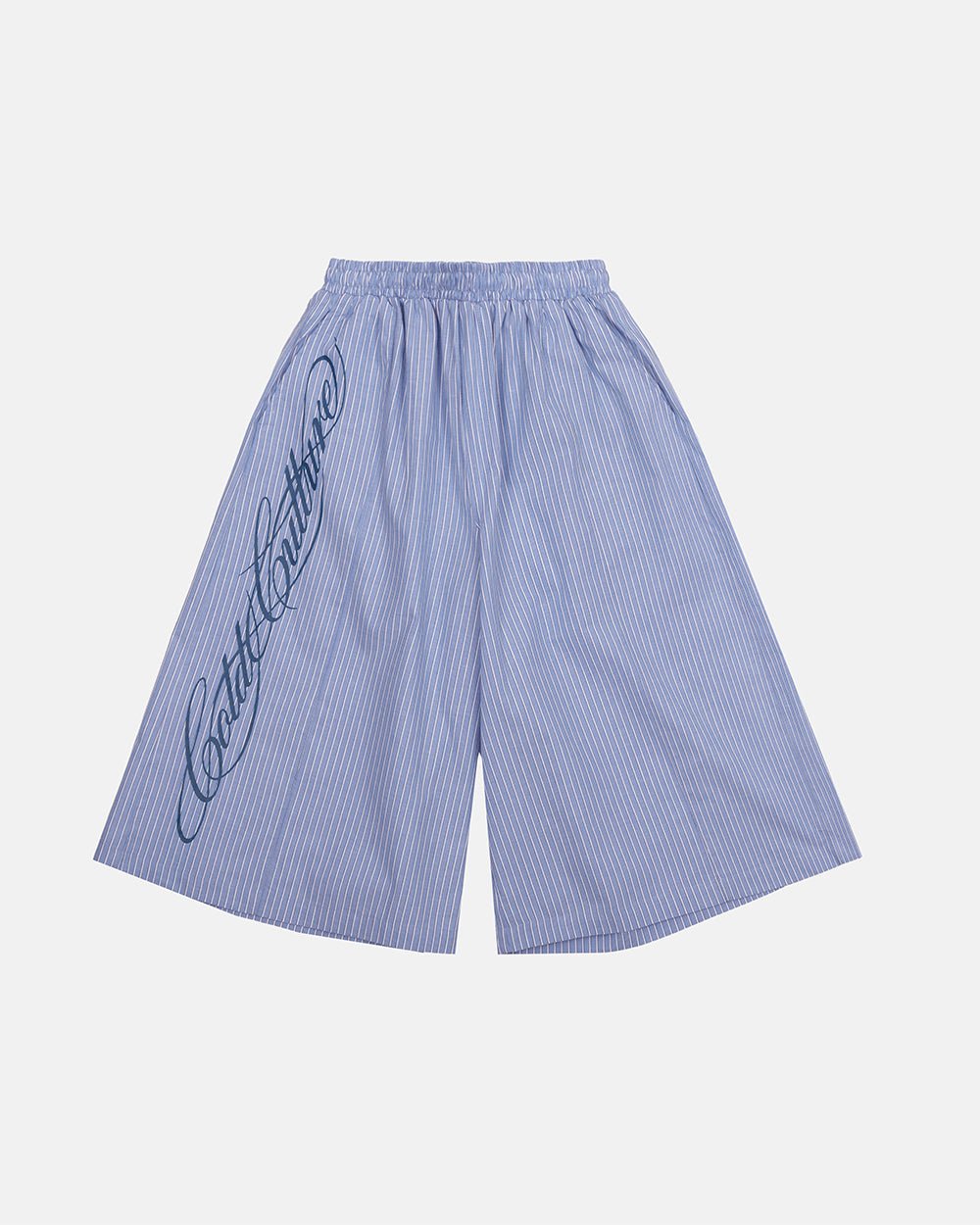 OFFICE SCRIPT SHORTS BLUE - blue striped wide leg shorts, front view - Cold Culture #packshot
