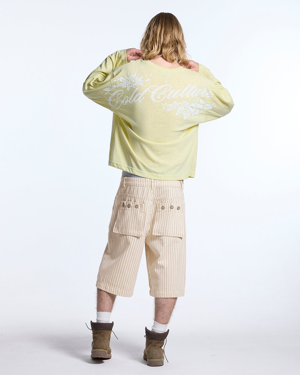 OLD SOUL LONGSLEEVE PALE YELLOW - pale yellow graphic print longsleeve tee, back view on male model - Cold Culture #man