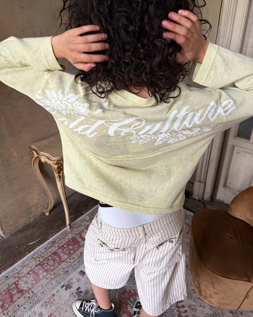 OLD SOUL LONGSLEEVE PALE YELLOW - pale yellow graphic print longsleeve tee, street style shot - Cold Culture