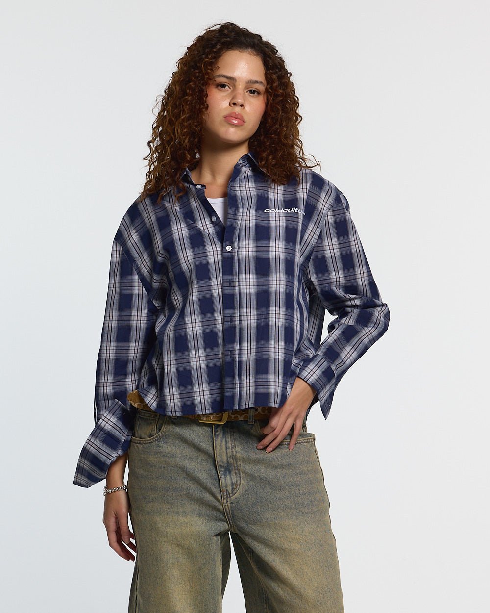 ON MY WAY LONGSLEEVE SHIRT BLUE - blue plaid long sleeve shirt, front view on female model - Cold Culture #woman