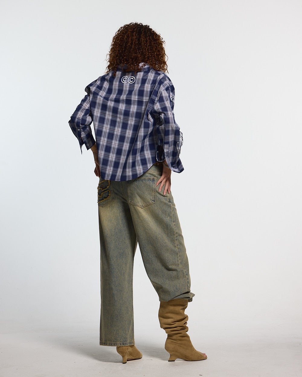ON MY WAY LONGSLEEVE SHIRT BLUE - blue plaid long sleeve shirt, back view on female model - Cold Culture #woman