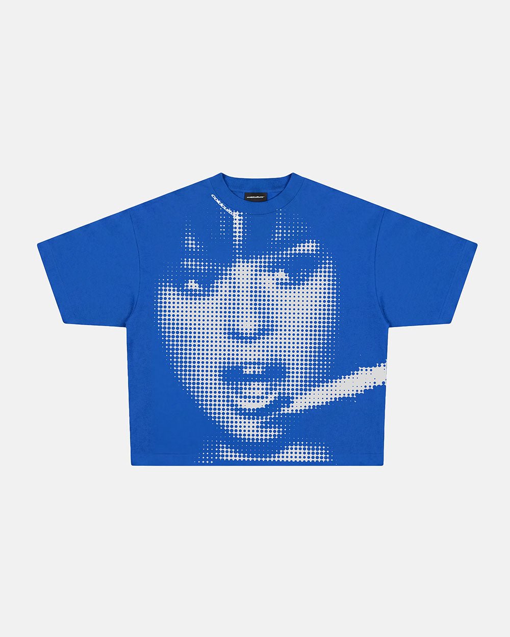OOPS! TEE BLUE - blue graphic print tee, front view - Cold Culture #packshot