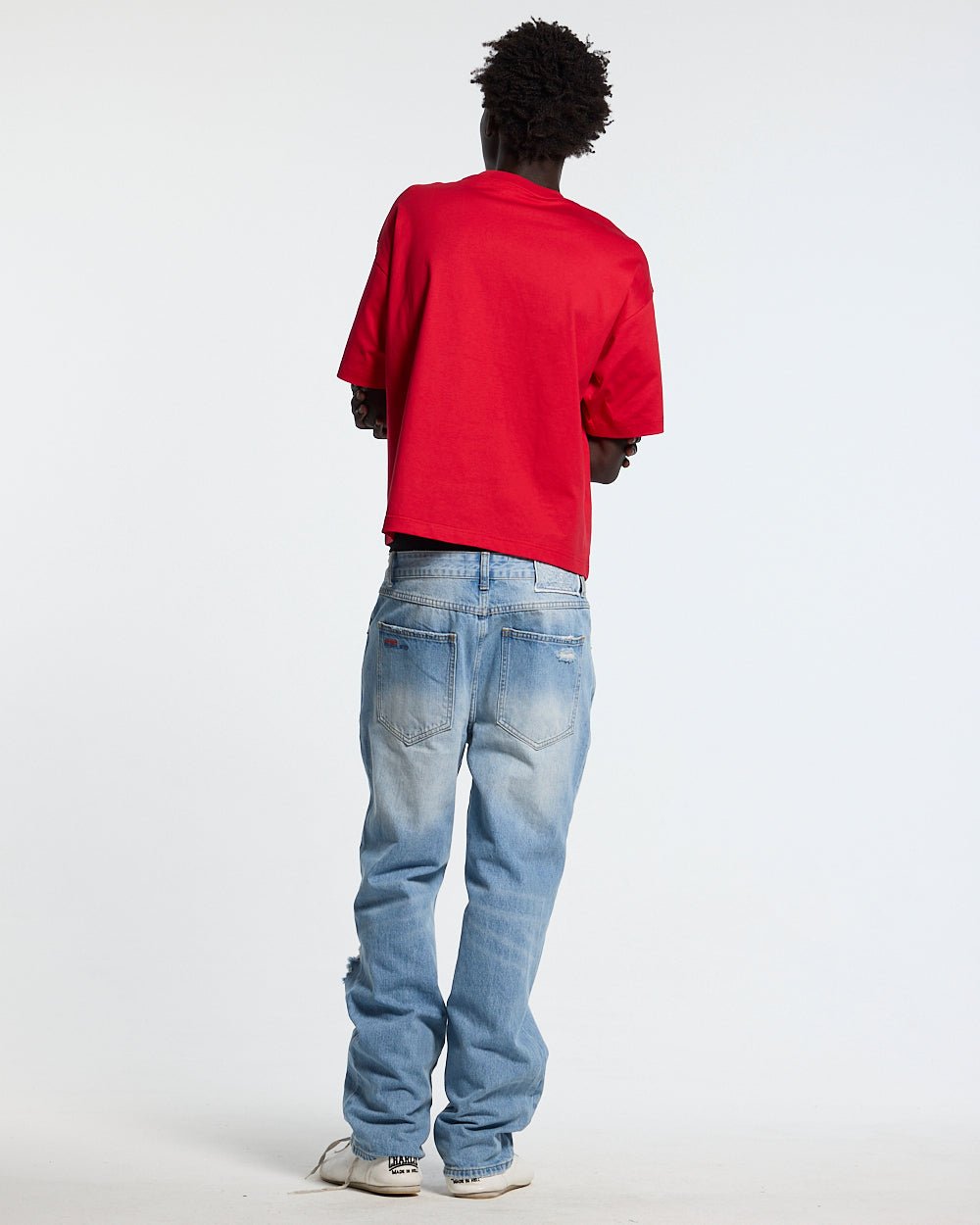 OOPS! TEE RED - red graphic print tee, back view on male model - Cold Culture #man