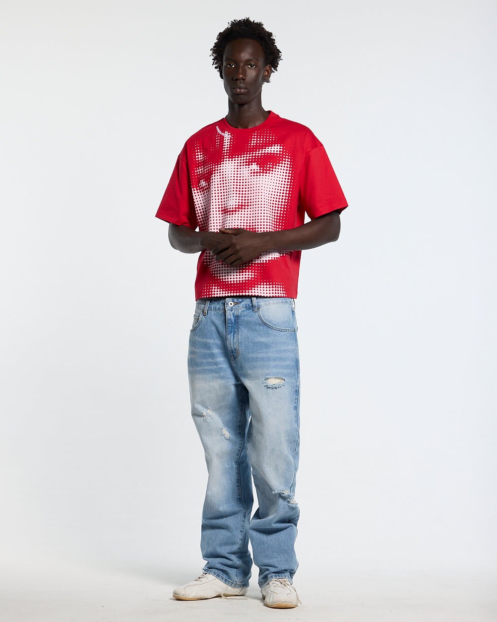 OOPS! TEE RED - red graphic print tee, front view on male model - Cold Culture #man