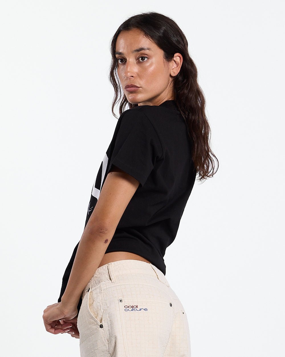 OPERA TEE BLACK - black horse print tee, side view - Cold Culture #woman