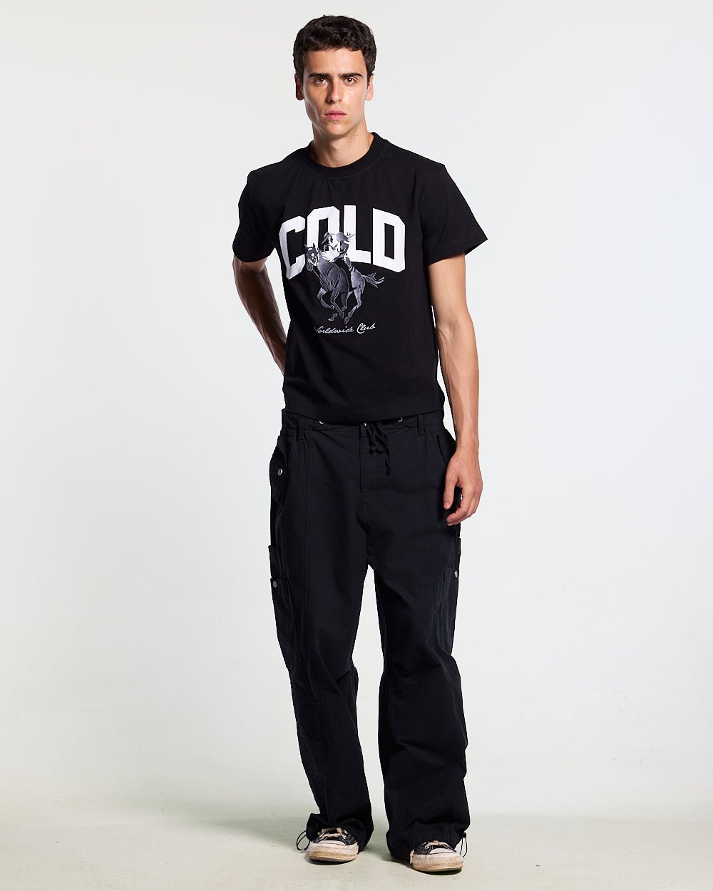 OPERA TEE BLACK - black horse print tee, front view on male model - Cold Culture #man