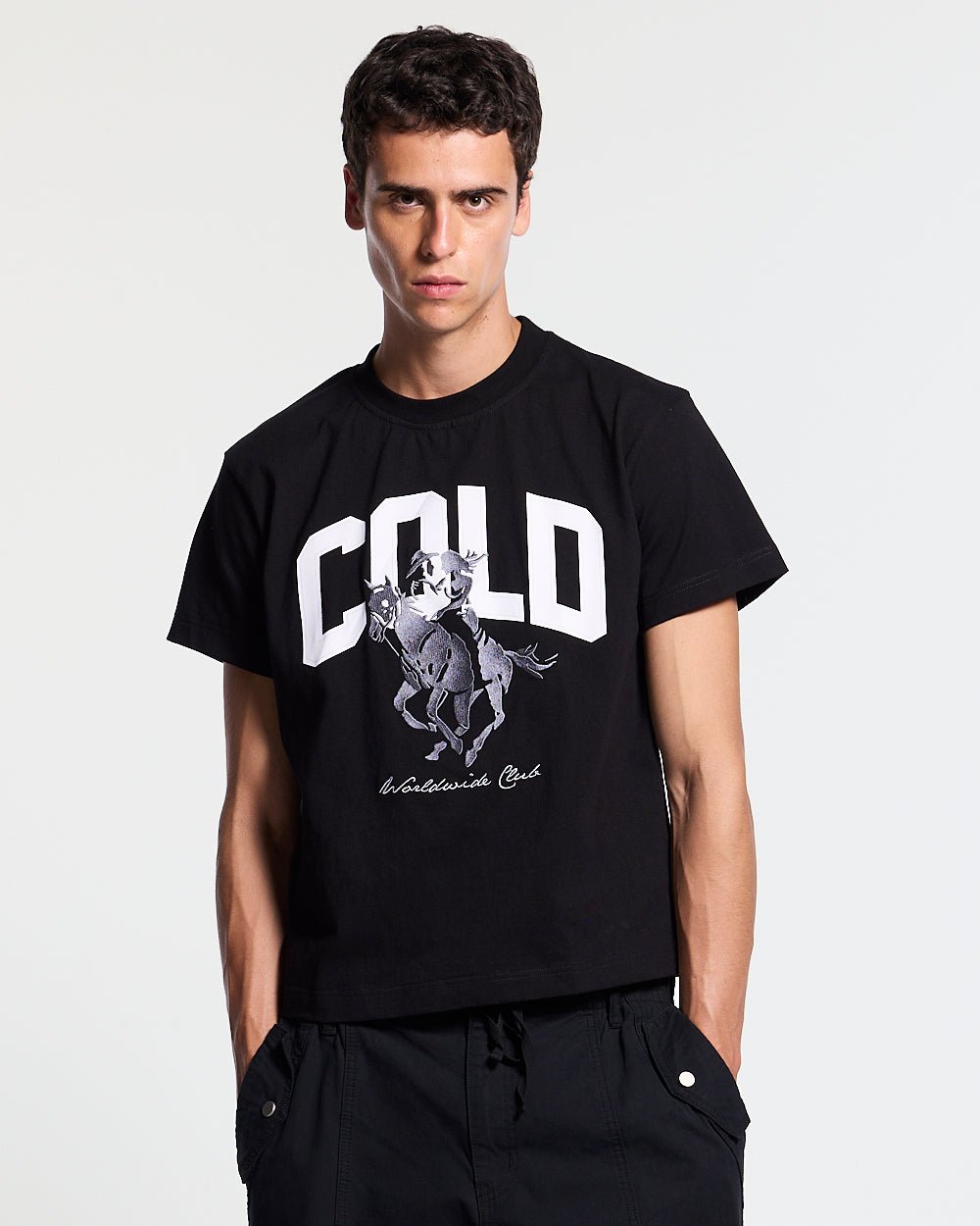 OPERA TEE BLACK - black horse print tee, front view on male model - Cold Culture #man