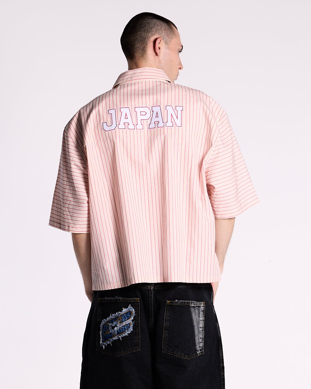 OSAKA SHIRT MIX PINK - pink striped short sleeve shirt, back view on male model - Cold Culture #man
